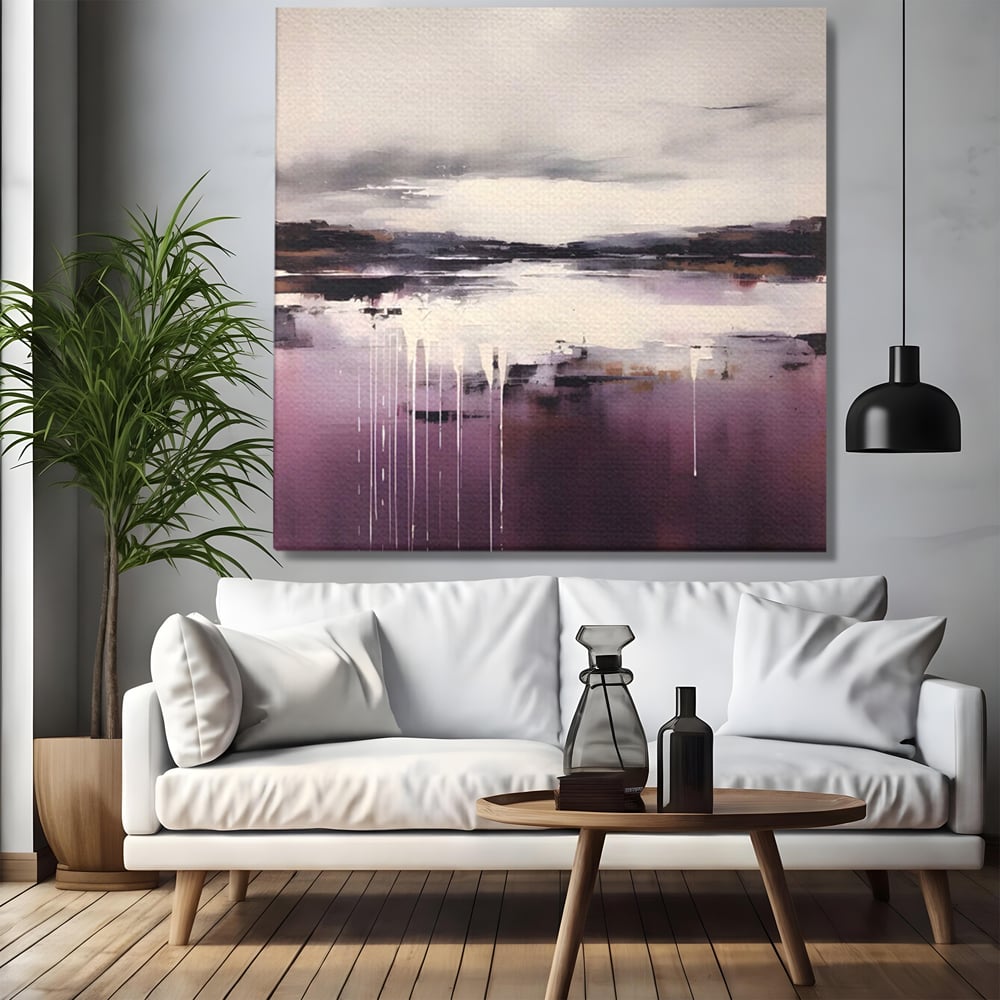 Tablou canvas cu pictura abstracta cu peisaj si picaturi albe, fara rama, pe sasiu de lemn, pe perete intr-un living